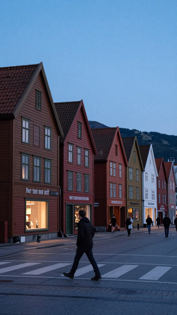 Street Scene in Bergen at Blue Hour in in Bergen, Norway