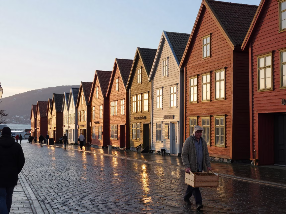 Street Scene in Bergen at First Light Of Dawn in in Bergen, Norway