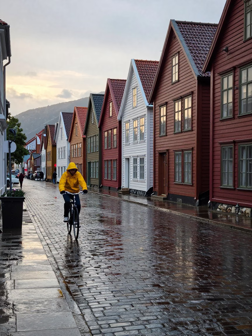 Street Scene in Bergen at First Light in in Bergen, Norway
