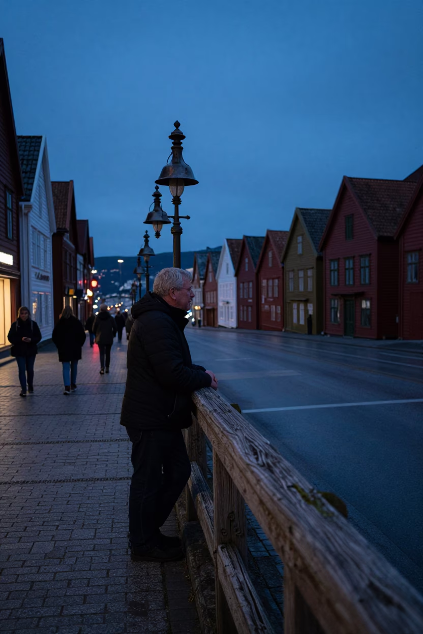 Street Scene in Bergen at Indigo Twilight After Sunset in in Bergen, Norway