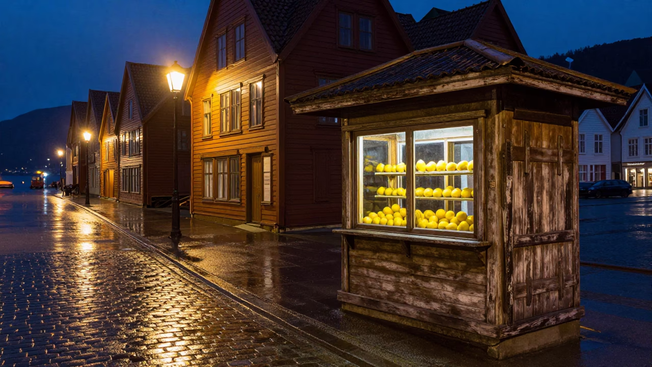 Street Scene in Bergen at Late At Night Light in in Bergen, Norway