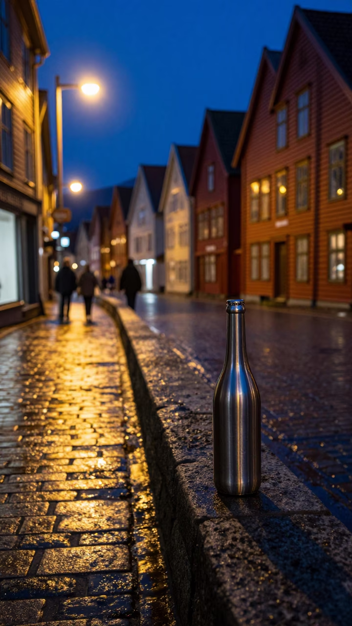 Street Scene in Bergen at Midnight Light in in Bergen, Norway