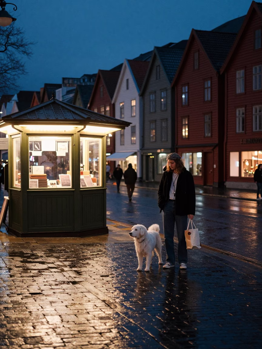 Street Scene in Bergen at Midnight Light in in Bergen, Norway