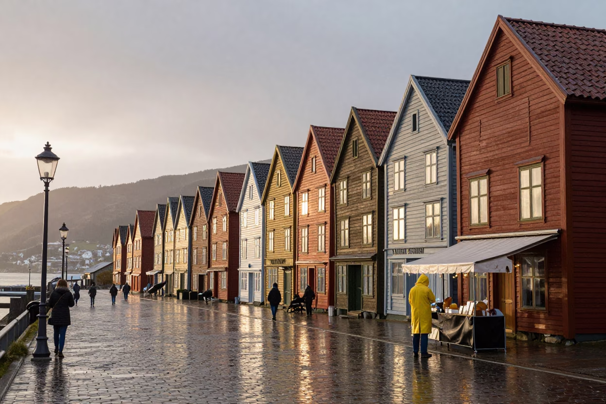 Street Scene in Bergen at Nautical Dawn Light in in Bergen, Norway