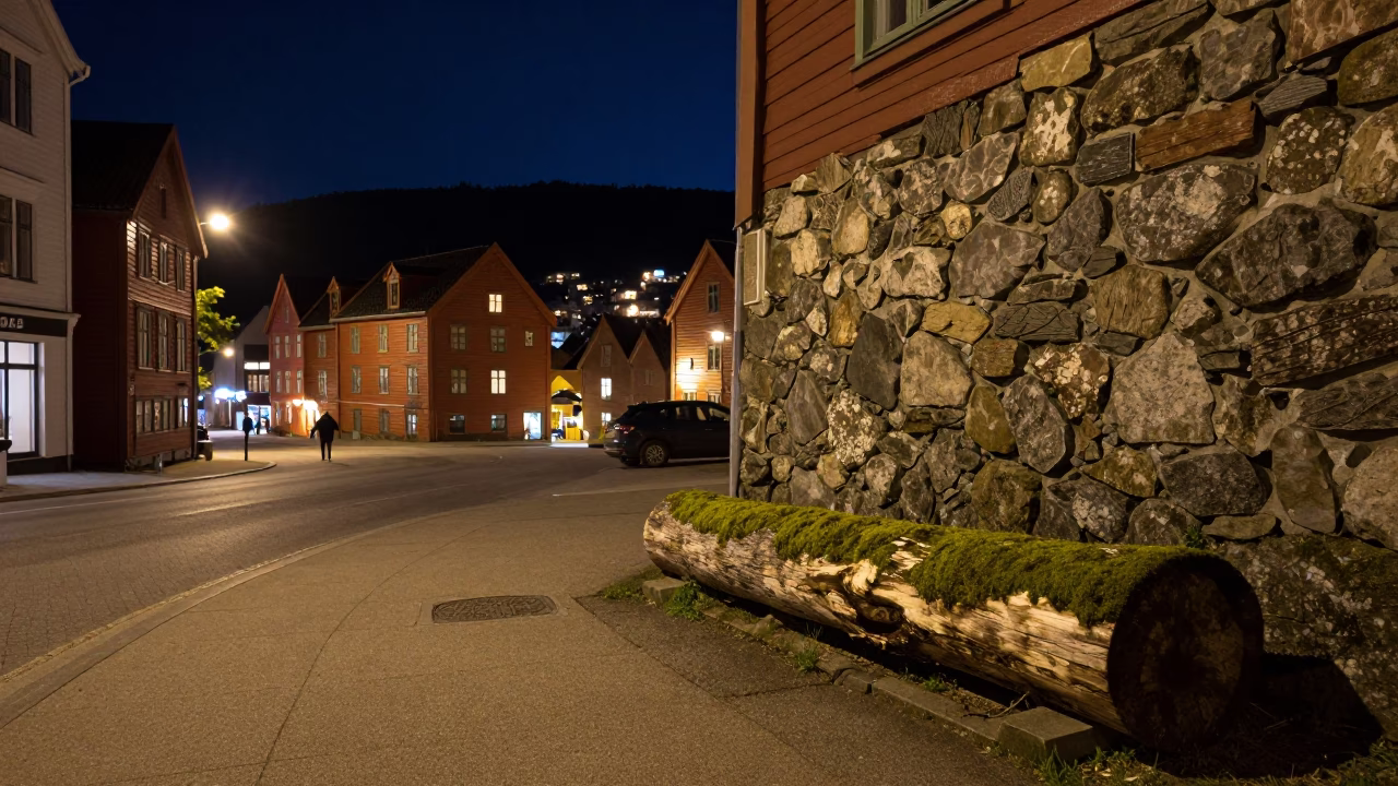 Street Scene in Bergen at The Deepest Night Sky Light in in Bergen, Norway