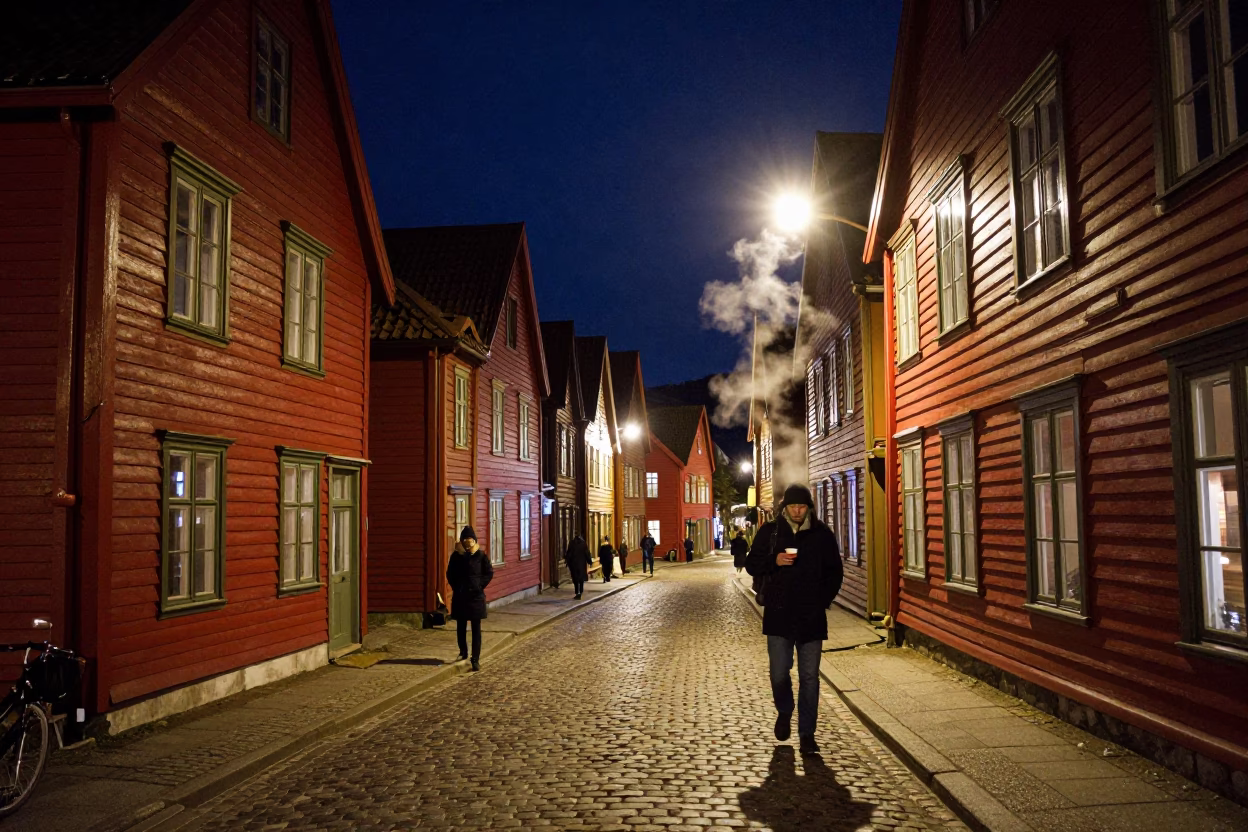 Street Scene in Bergen at The Deepest Night Sky Light in in Bergen, Norway