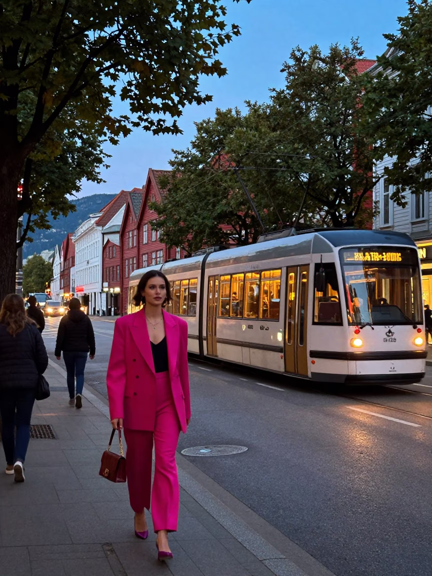 Street Scene in Bergen at The Early Evening Light in in Bergen, Norway