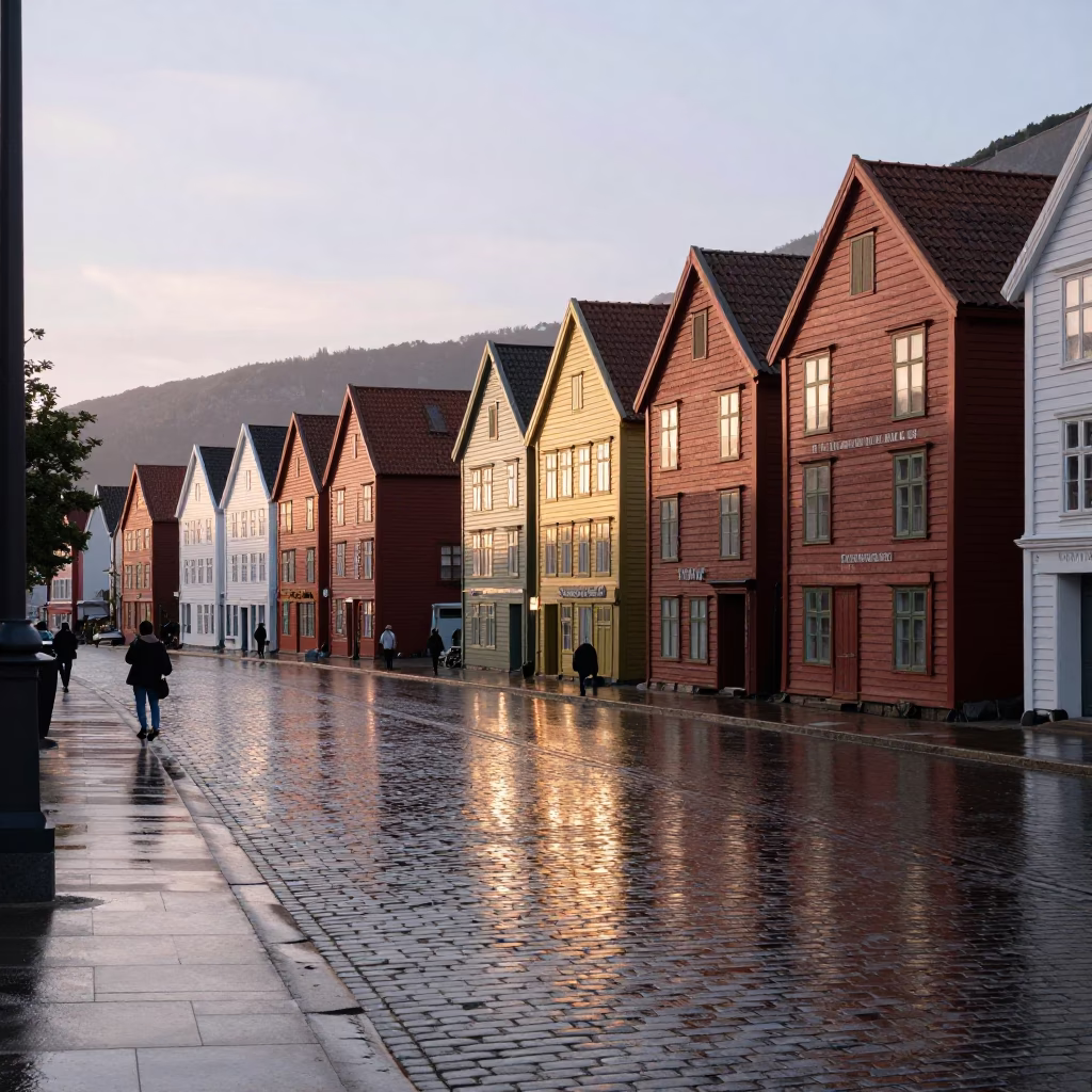 Street Scene in Bergen at The Early Morning Light in in Bergen, Norway