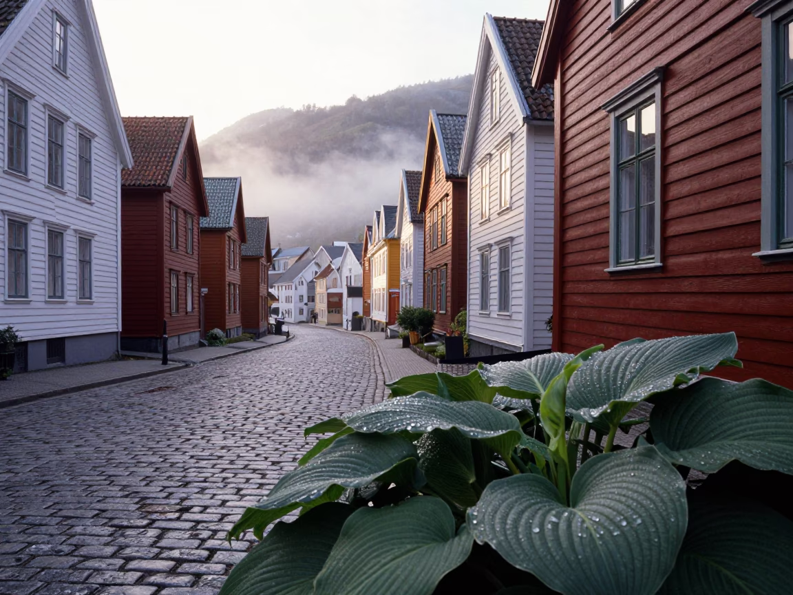 Street Scene in Bergen at The Early Morning Light in in Bergen, Norway