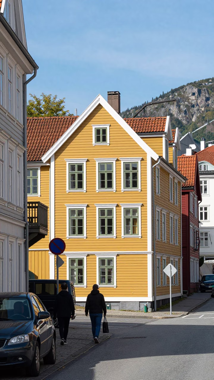 Street Scene in Bergen at The Flat Glare Of Noon Light in in Bergen, Norway
