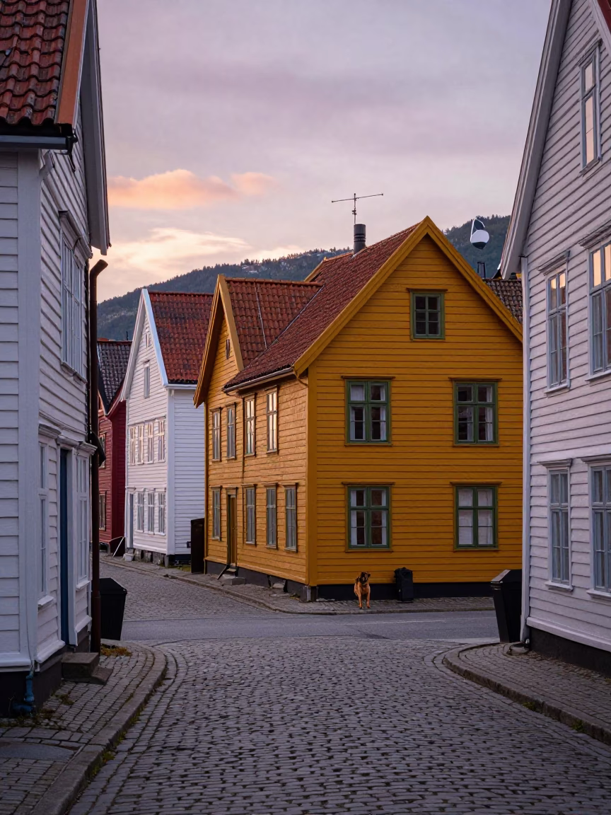 Street Scene in Bergen at The Still Hours Before Dawn Light in in Bergen, Norway