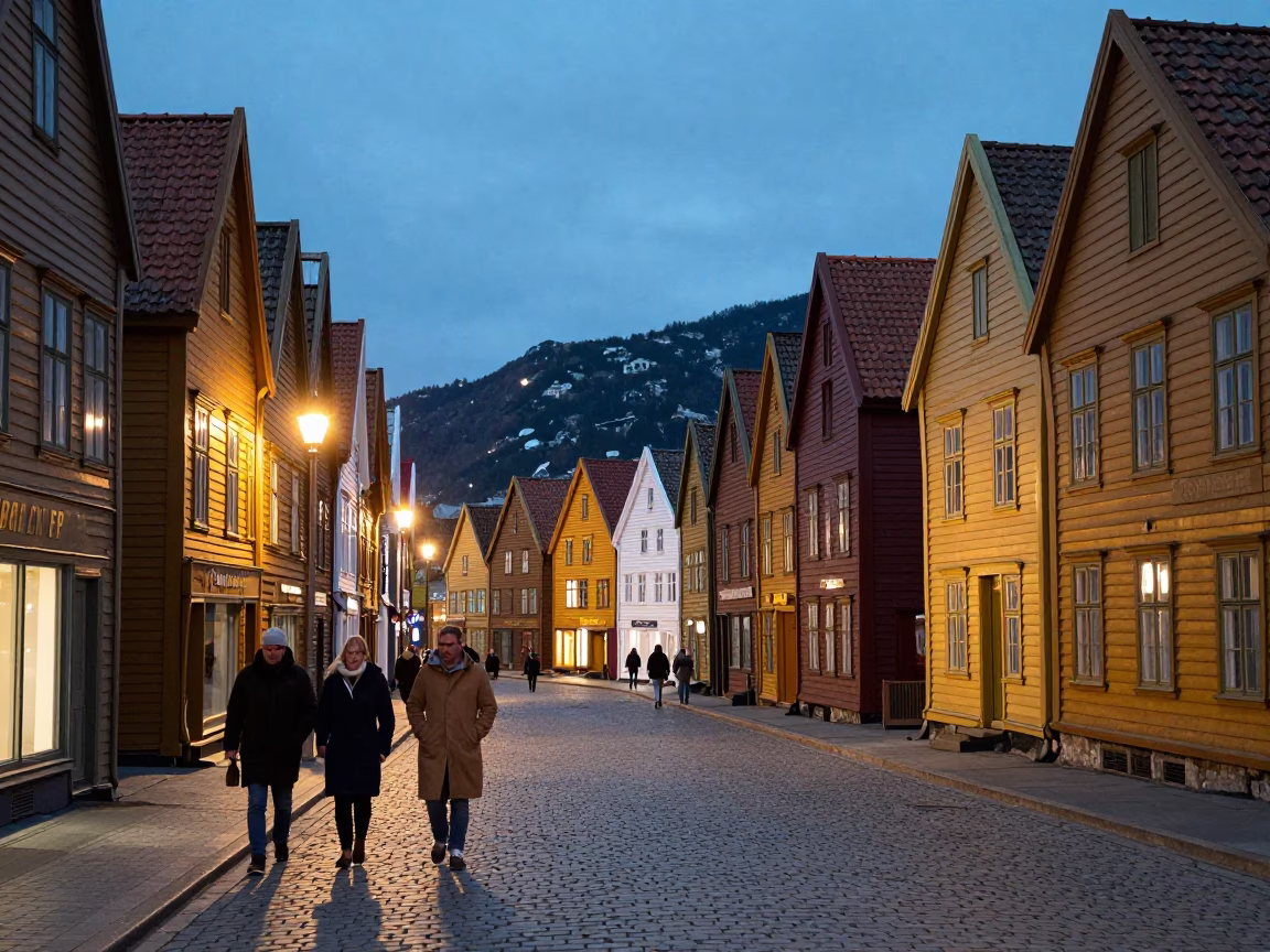 Street Scene in Bergen at Twilight in in Bergen, Norway