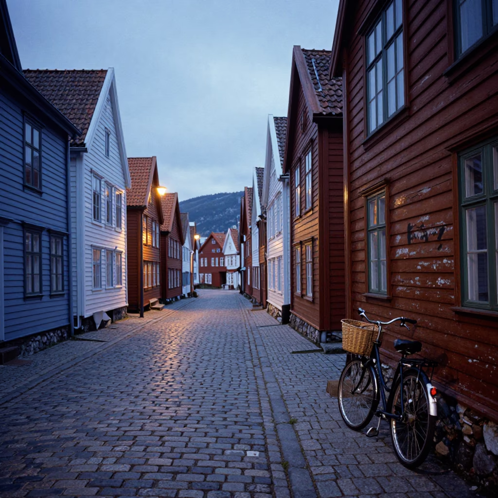 Street Scene in Bergen at Twilight in in Bergen, Norway