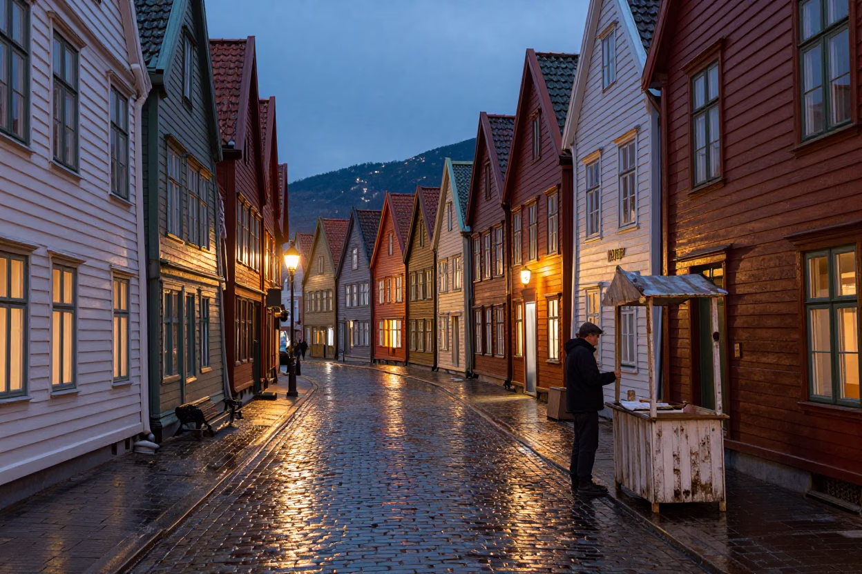 Street Scene in Bergen at Twilight in in Bergen, Norway