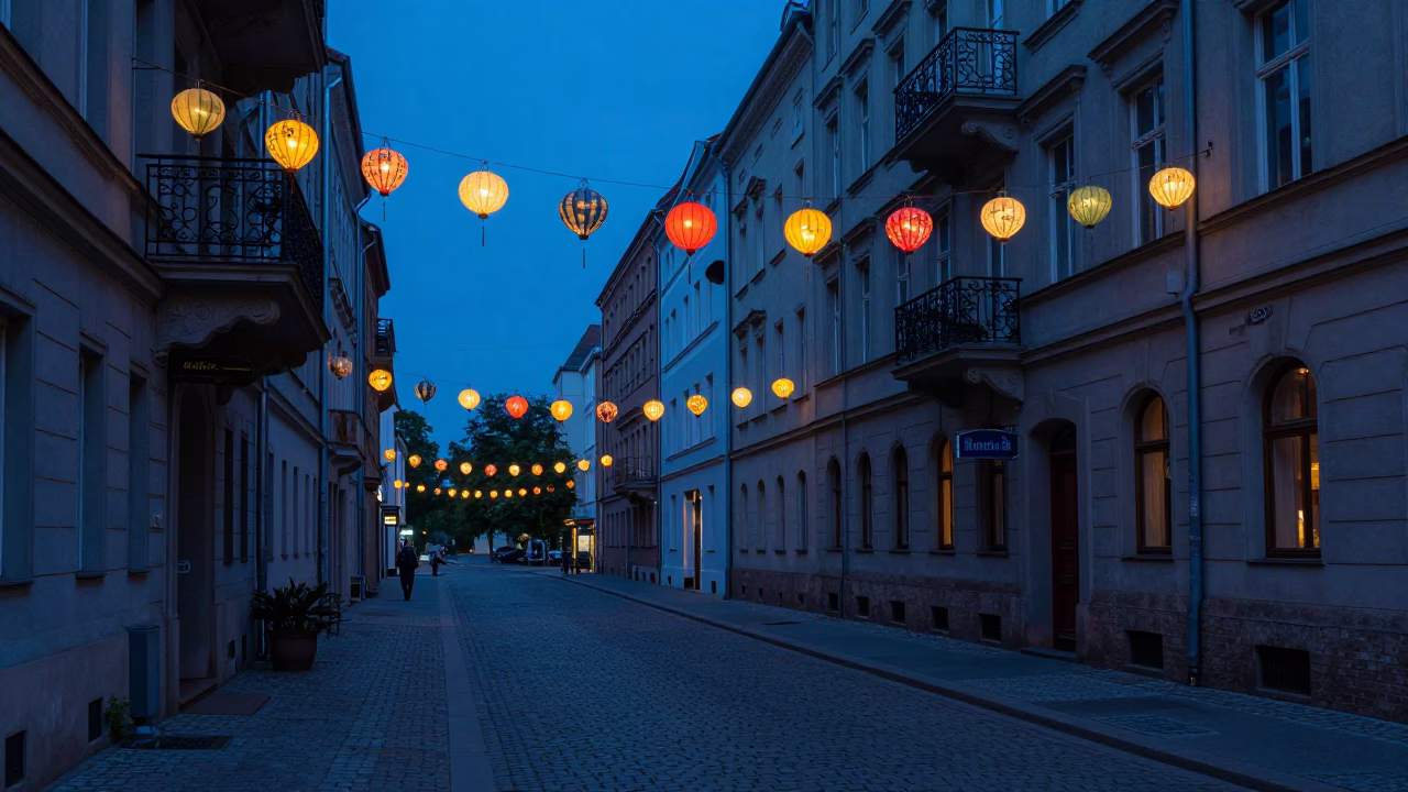 Street Scene in Berlin at Indigo Twilight After Sunset in in Berlin, Germany