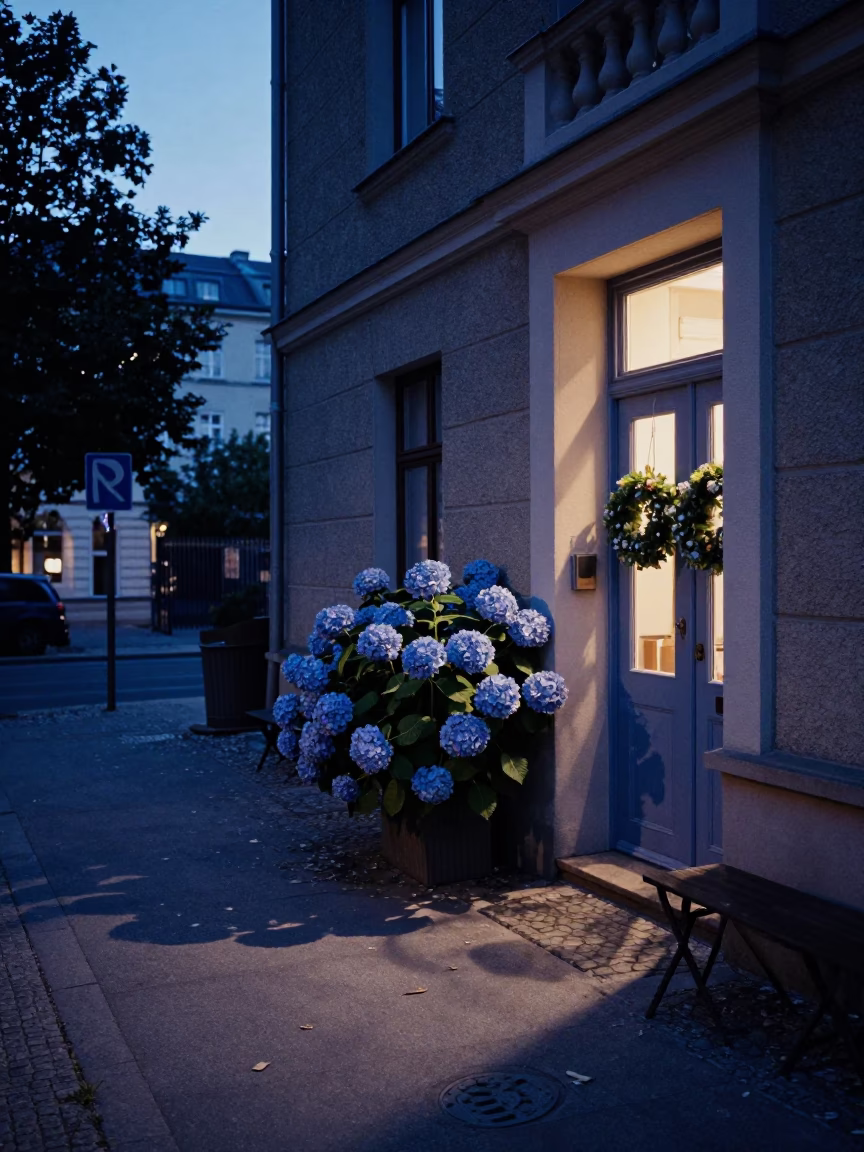 Street Scene in Berlin at Indigo Twilight After Sunset in in Berlin, Germany