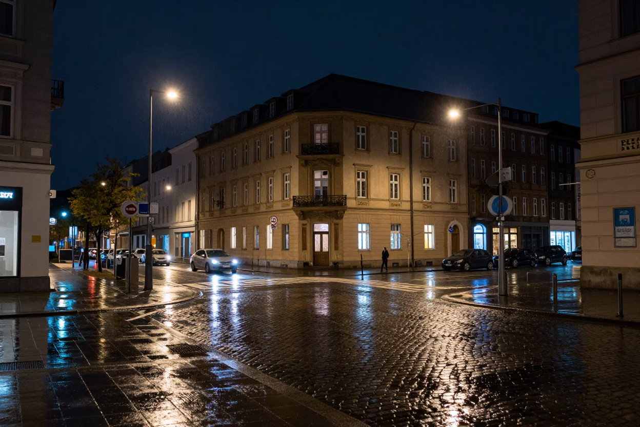 Street Scene in Berlin at The Deepest Night Sky Light in in Berlin, Germany