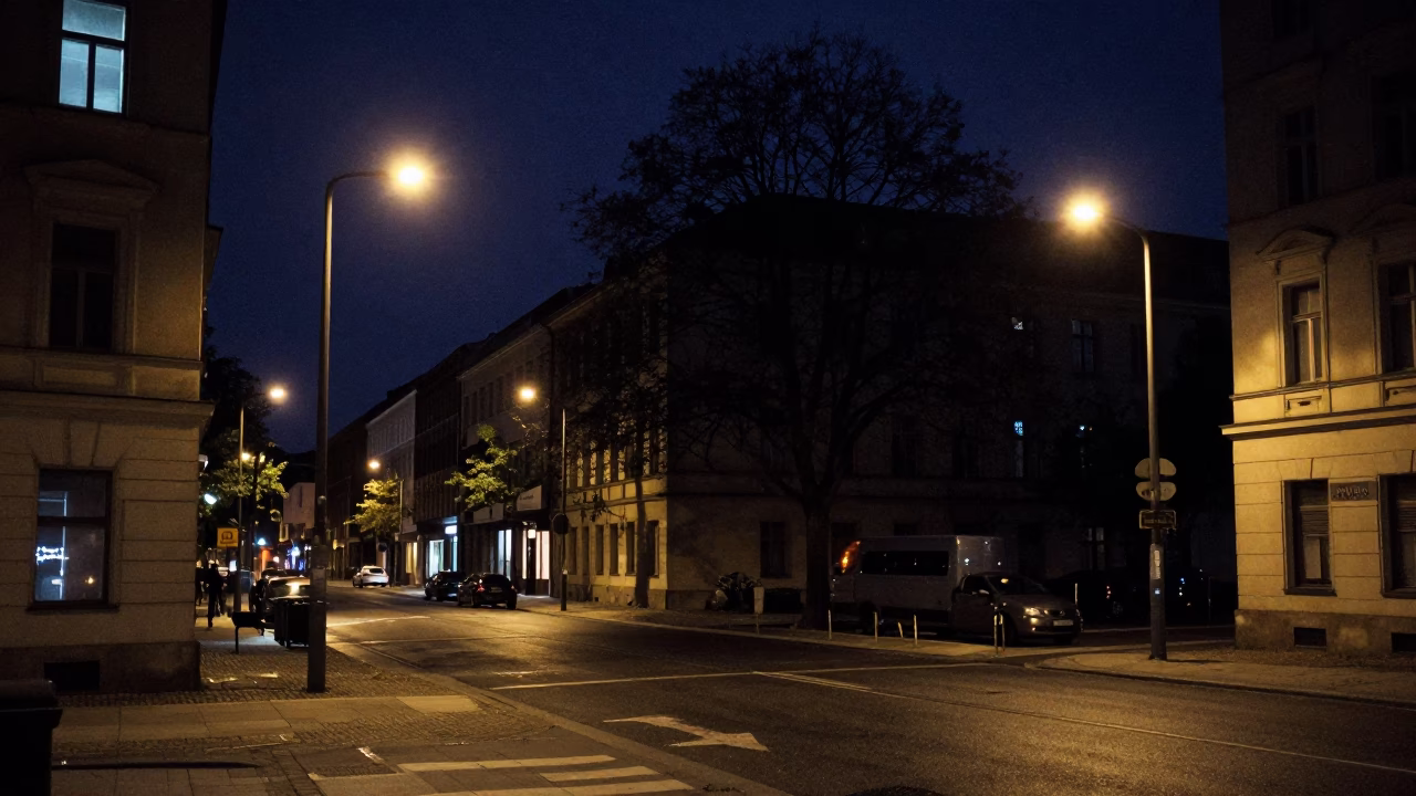 Street Scene in Berlin at The Deepest Night Sky Light in in Berlin, Germany