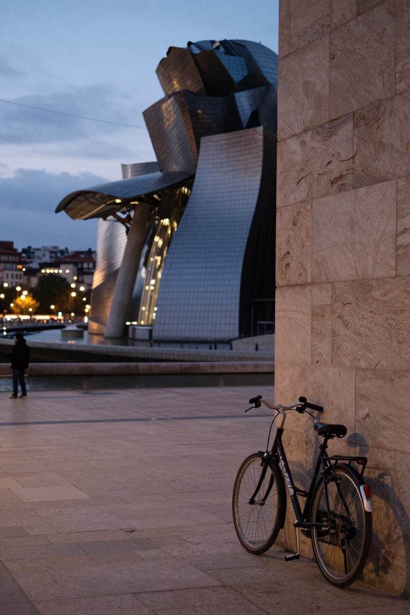 Street Scene in Bilbao at As City Lights Begin To Glow in in Bilbao, Spain