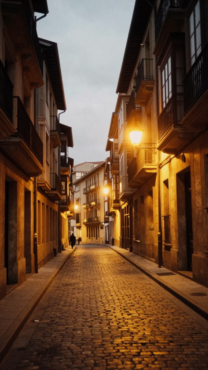 Street Scene in Bilbao at As City Lights Begin To Glow in in Bilbao, Spain