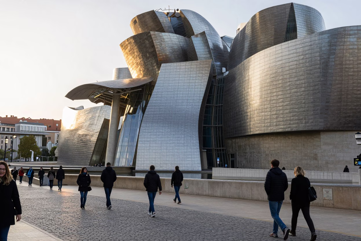 Street Scene in Bilbao at As First Light Reaches The Scene in in Bilbao, Spain