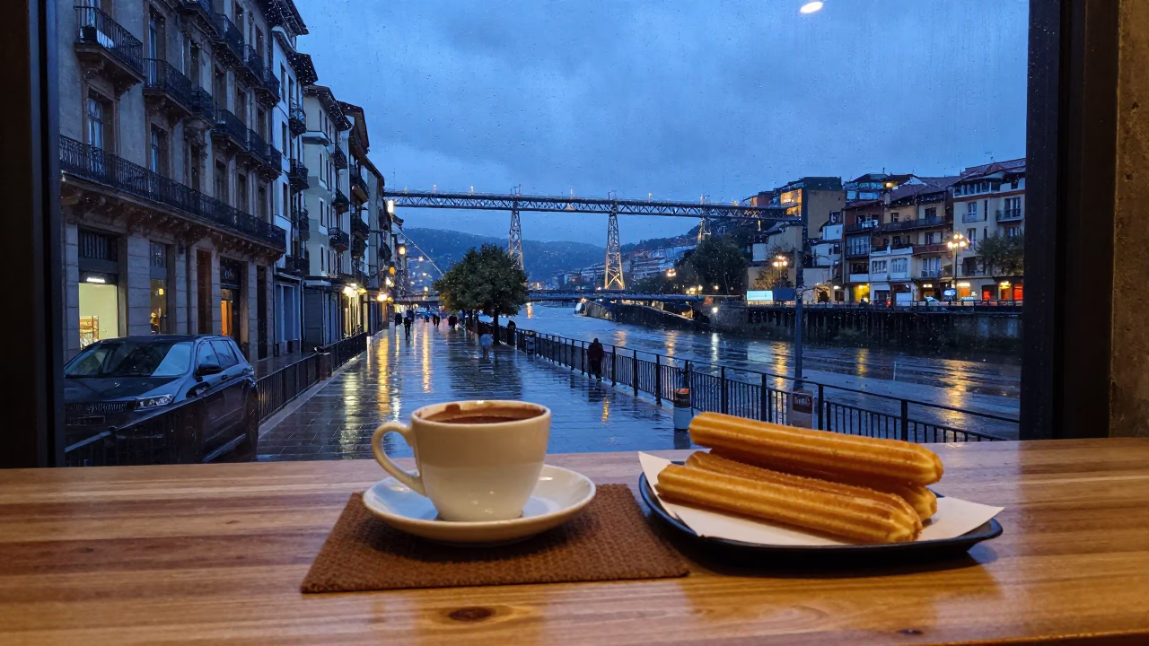 Street Scene in Bilbao at Blue Hour in in Bilbao, Spain
