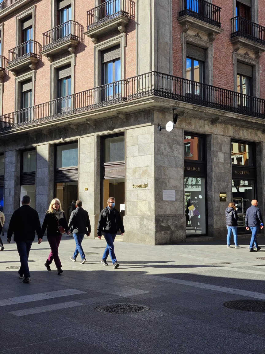 Street Scene in Bilbao at Bright Midmorning Light in in Bilbao, Spain