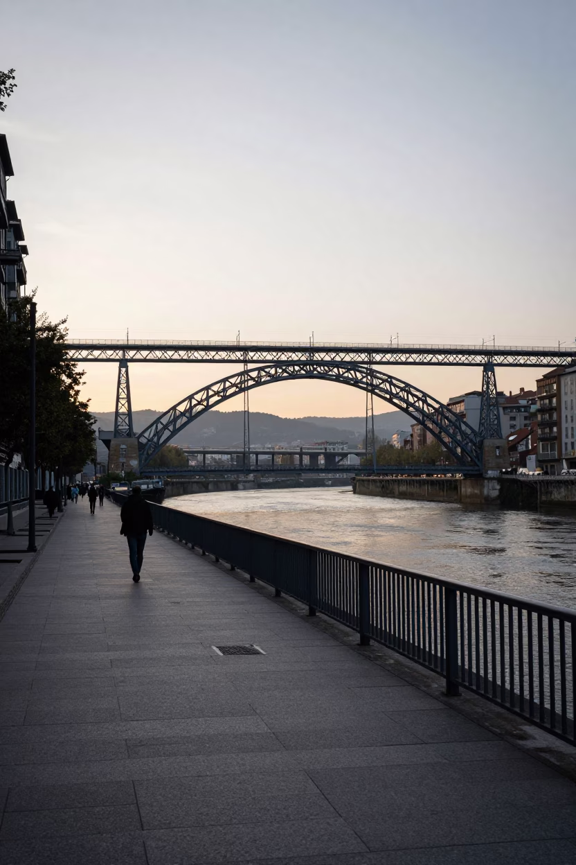 Street Scene in Bilbao at First Light Of Dawn in in Bilbao, Spain