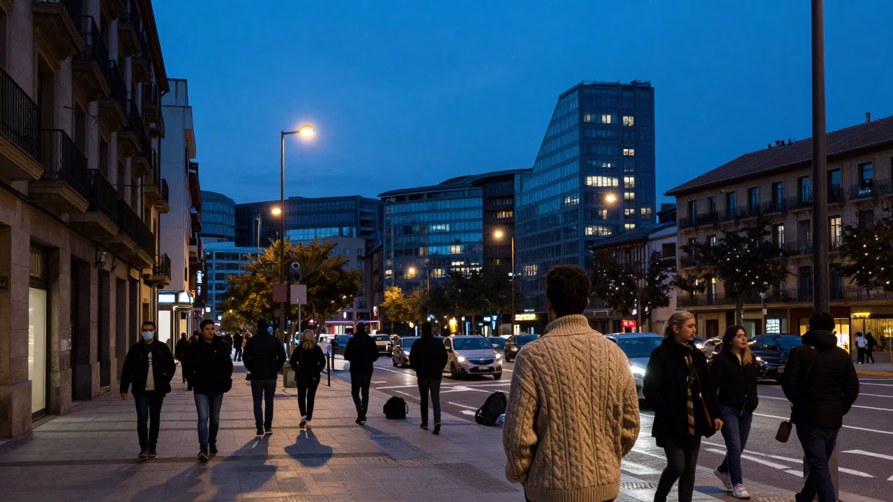 Street Scene in Bilbao at Indigo Twilight After Sunset in in Bilbao, Spain