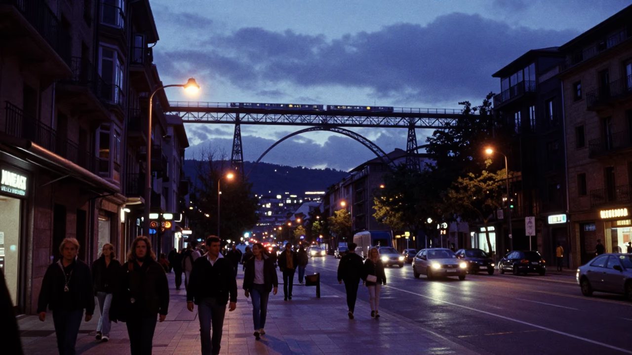 Street Scene in Bilbao at Indigo Twilight After Sunset in in Bilbao, Spain