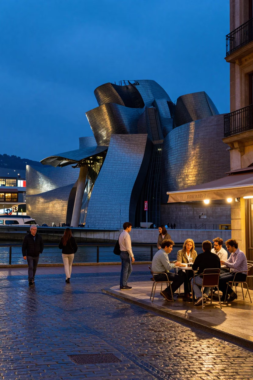 Street Scene in Bilbao at Indigo Twilight After Sunset in in Bilbao, Spain