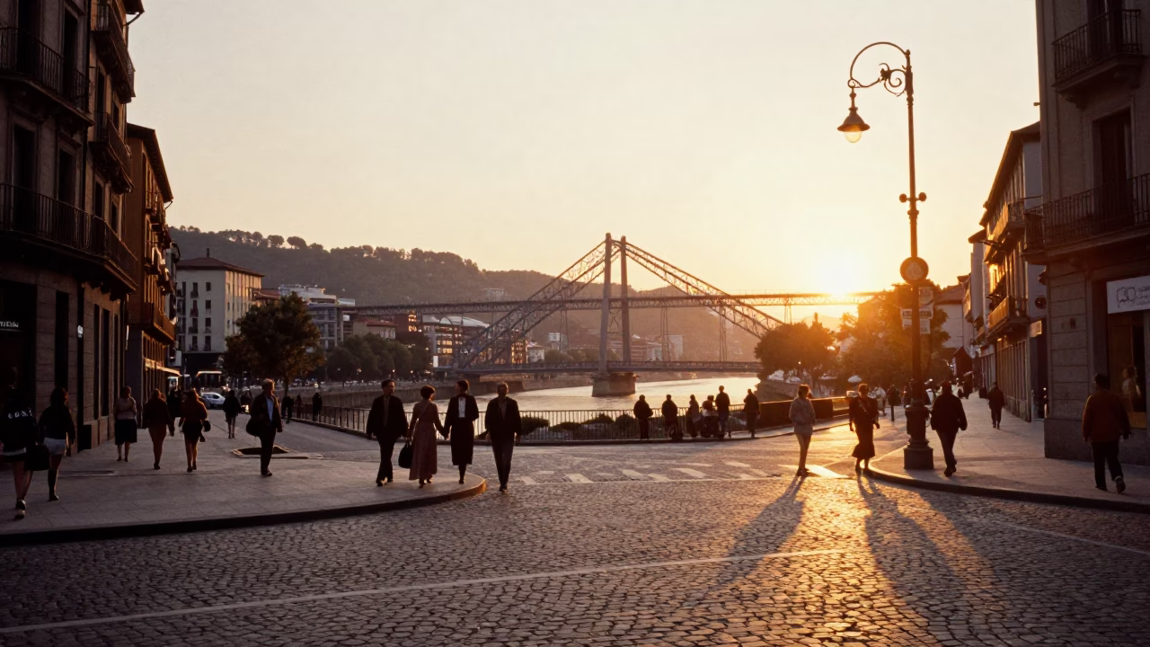 Street Scene in Bilbao at Sunset Light in in Bilbao, Spain