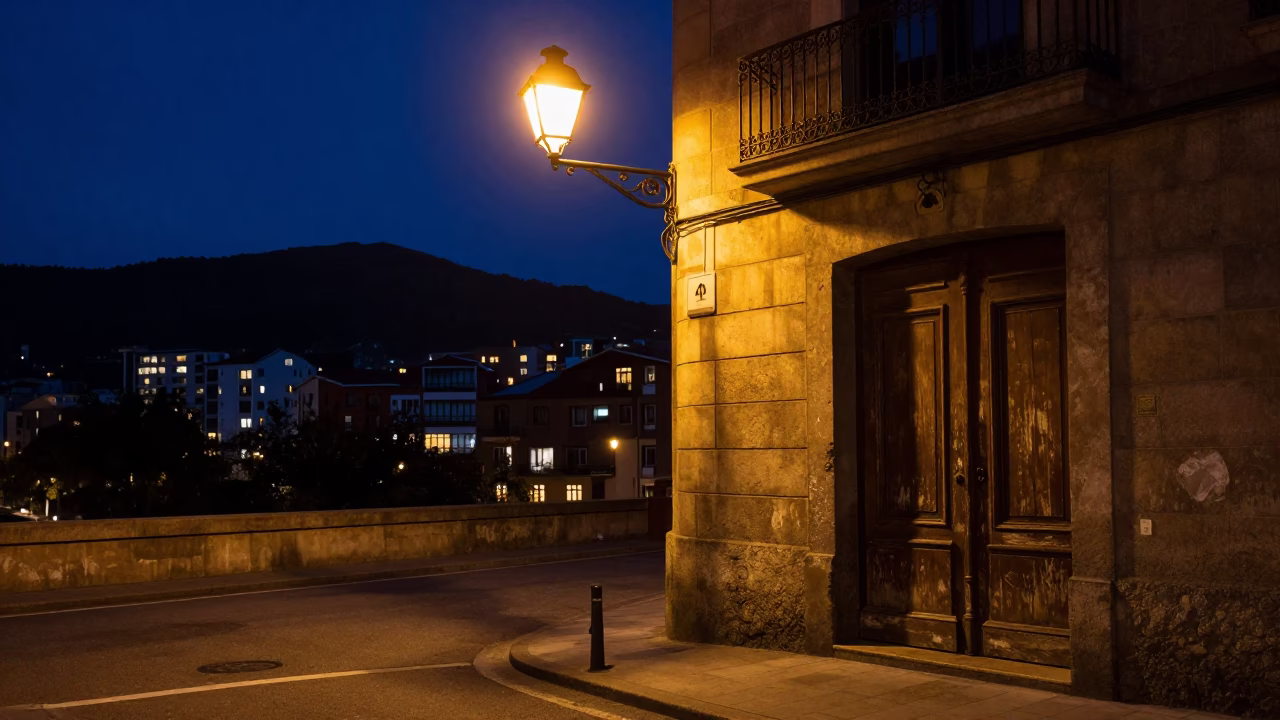 Street Scene in Bilbao at The Deepest Night Sky Light in in Bilbao, Spain