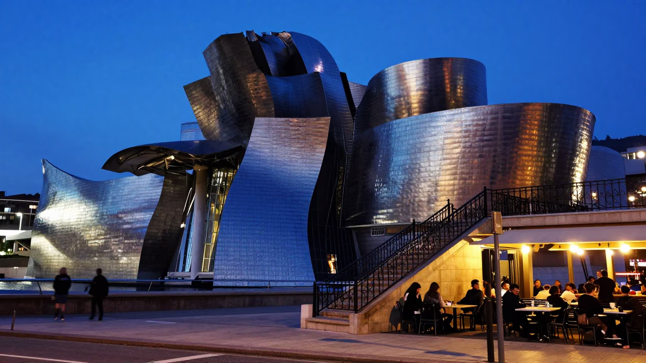 Street Scene in Bilbao at The Last Blue Light Of Evening in in Bilbao, Spain