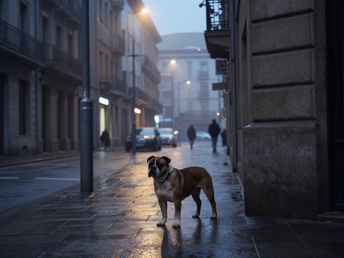 Street Scene in Bilbao at The Predawn Darkness Light in in Bilbao, Spain