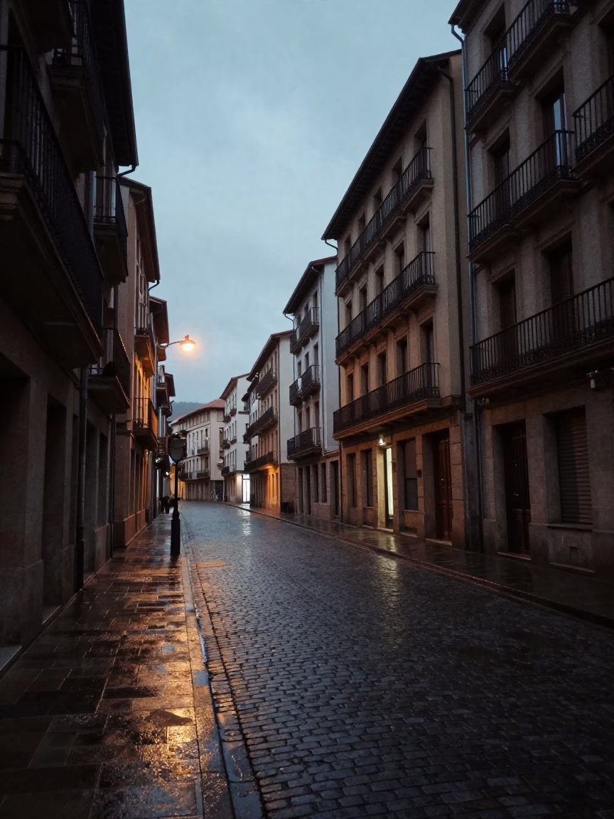 Street Scene in Bilbao at The Still Hours Before Dawn Light in in Bilbao, Spain
