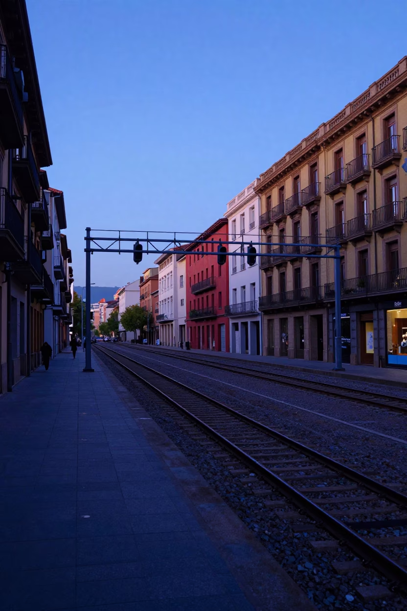 Street Scene in Bilbao at The Still Hours Before Dawn Light in in Bilbao, Spain