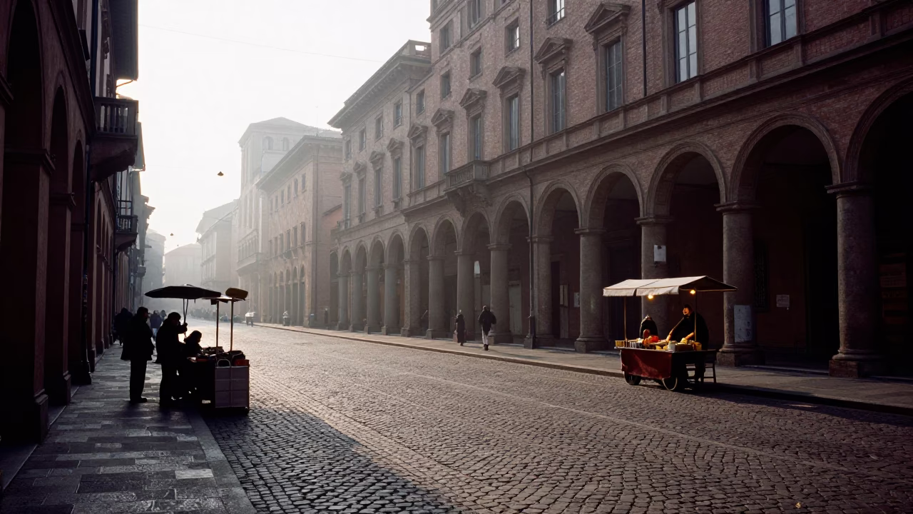Street Scene in Bologna at As First Light Reaches The Scene in in Bologna, Italy