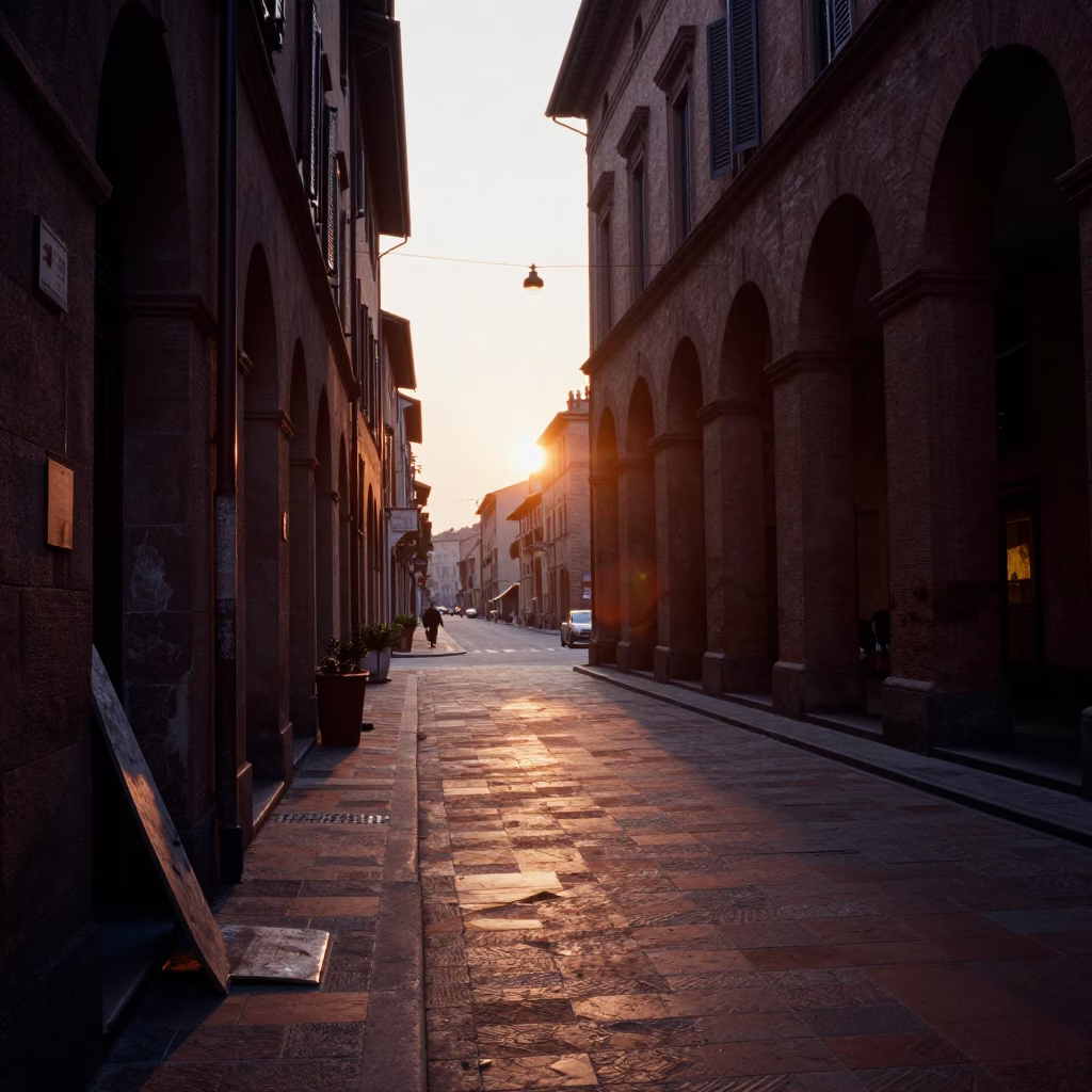 Street Scene in Bologna at As The Sun Drops Toward The Horizon in in Bologna, Italy