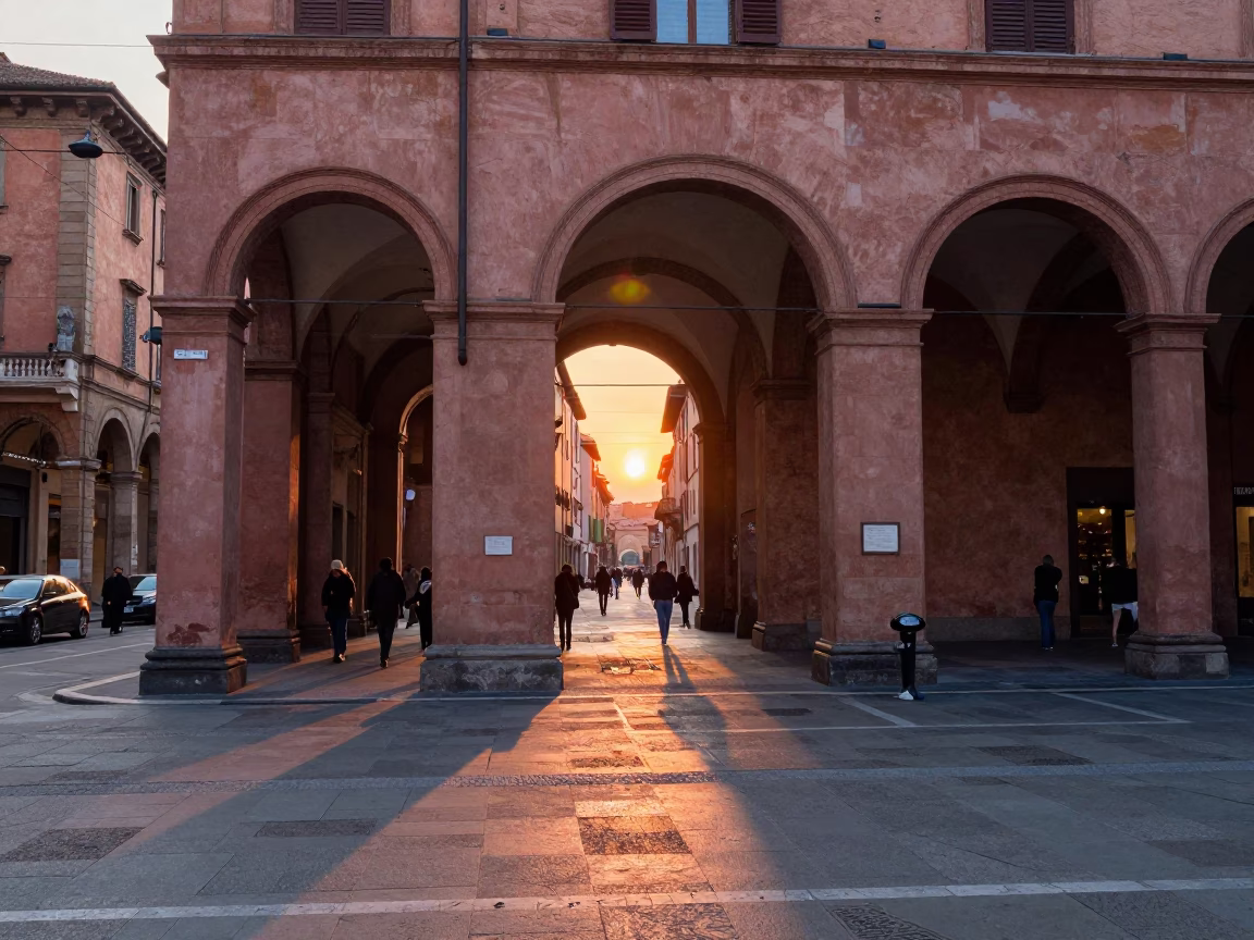Street Scene in Bologna at As The Sun Drops Toward The Horizon in in Bologna, Italy
