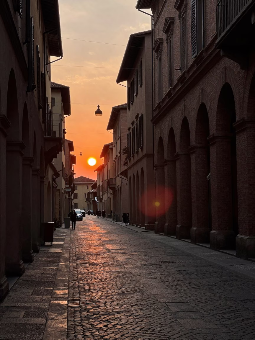Street Scene in Bologna at As The Sun Drops Toward The Horizon in in Bologna, Italy