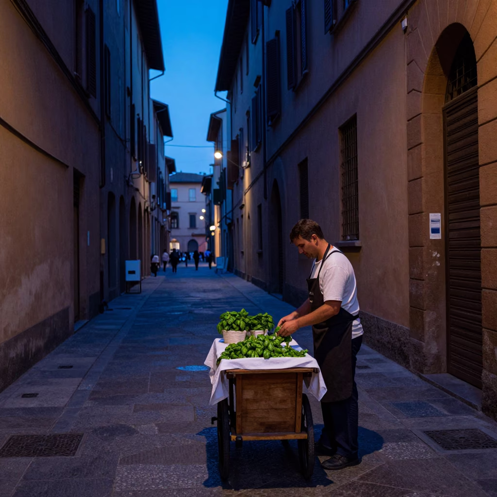 Street Scene in Bologna at Indigo Twilight After Sunset in in Bologna, Italy