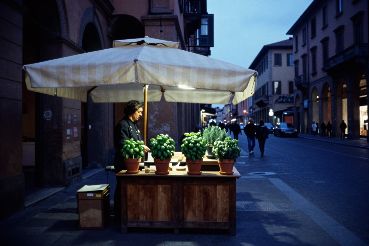 Street Scene in Bologna at Indigo Twilight After Sunset in in Bologna, Italy