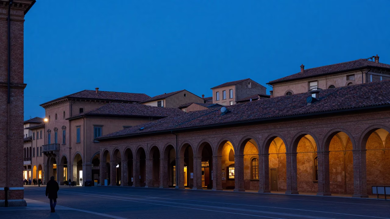 Street Scene in Bologna at Indigo Twilight After Sunset in in Bologna, Italy