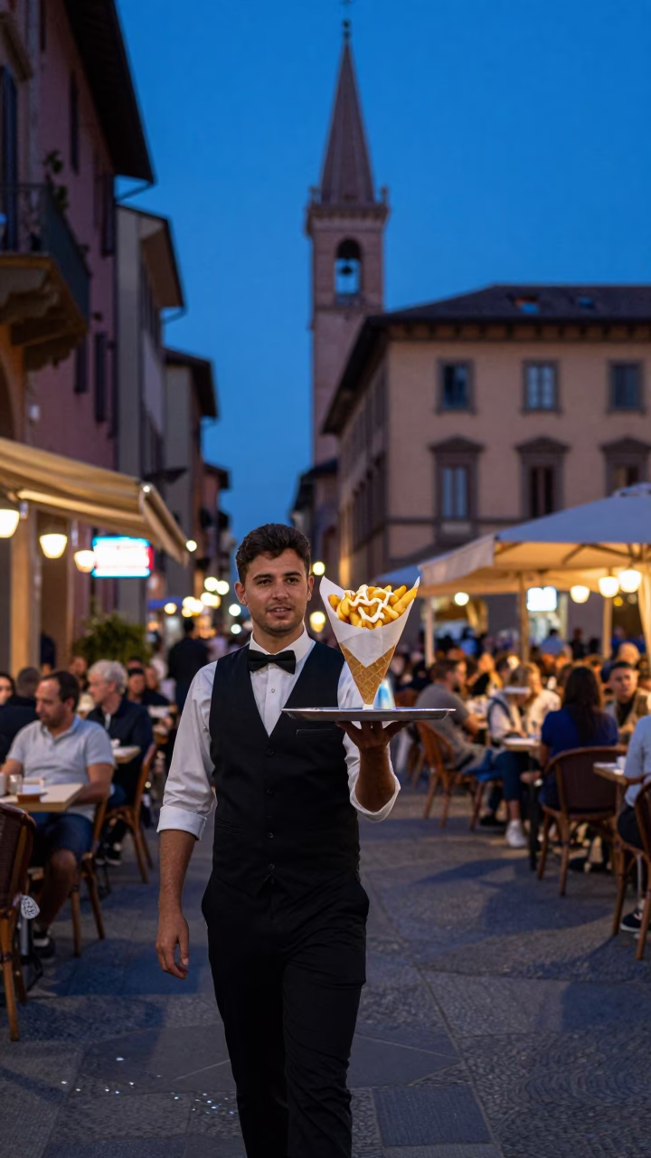 Street Scene in Bologna at Indigo Twilight After Sunset in in Bologna, Italy