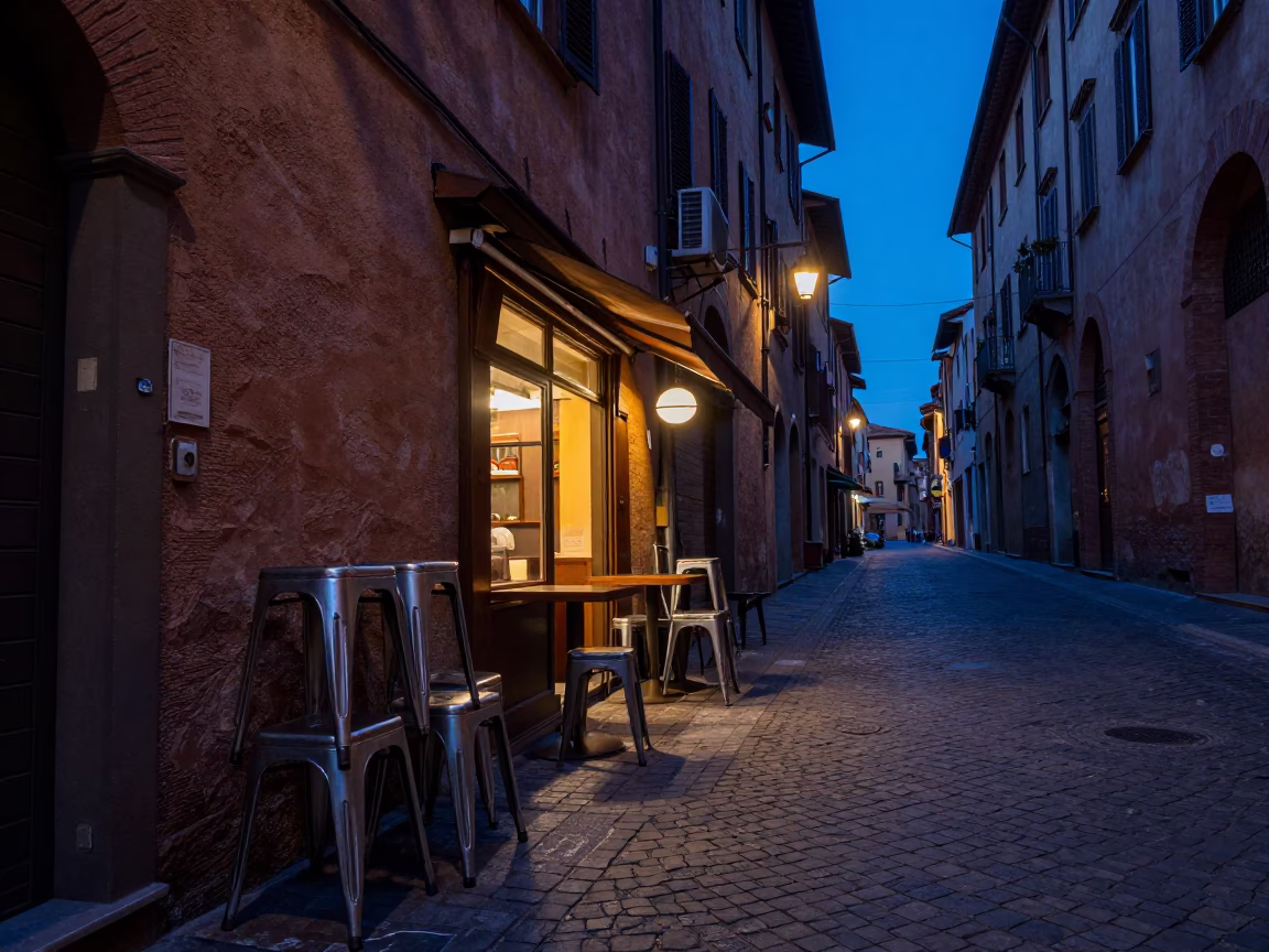 Street Scene in Bologna at Indigo Twilight After Sunset in in Bologna, Italy