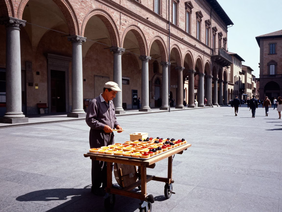 Street Scene in Bologna at The Flat Glare Of Noon Light in in Bologna, Italy
