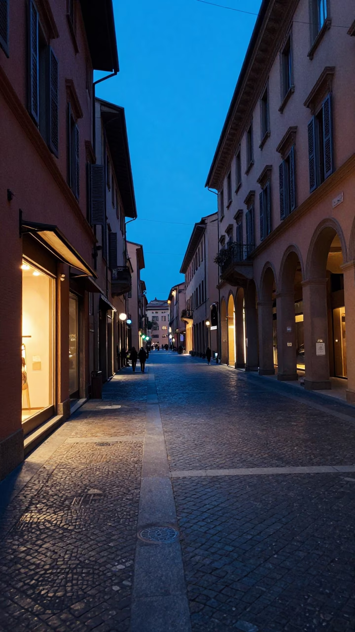 Street Scene in Bologna at The Last Blue Light Of Evening in in Bologna, Italy