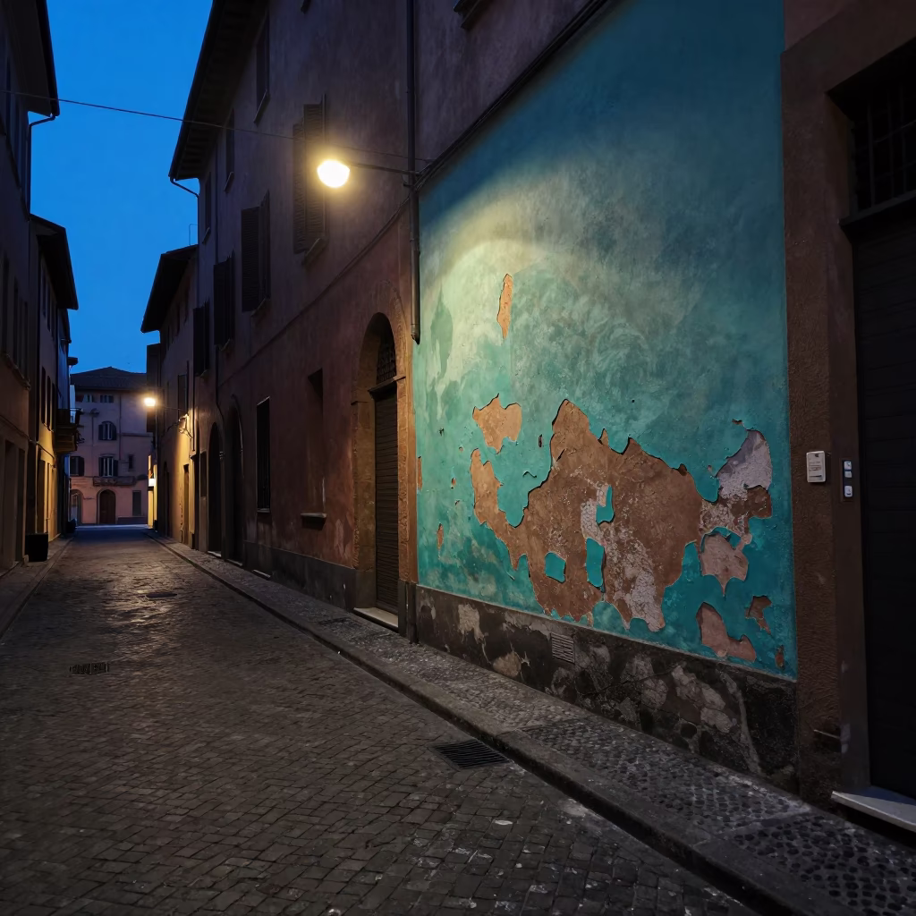 Street Scene in Bologna at The Predawn Darkness Light in in Bologna, Italy