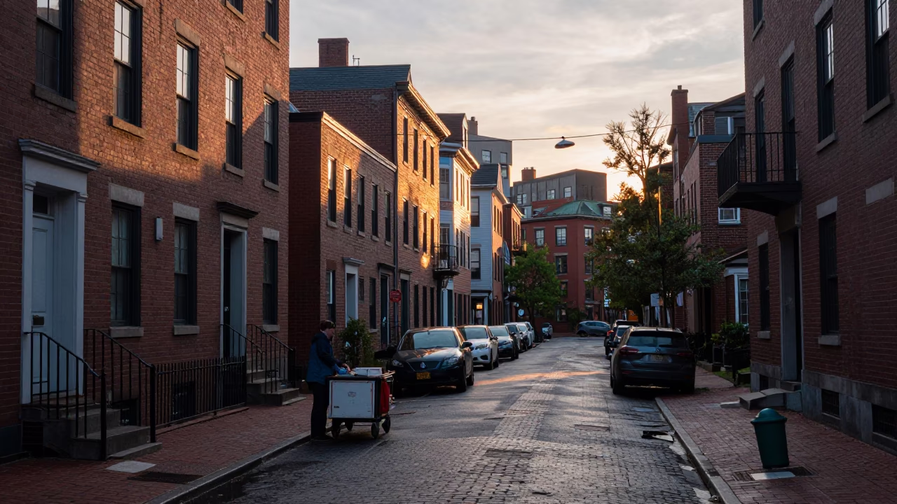 Street Scene in Boston at Nautical Dawn Light in in Boston, Massachusetts, United States